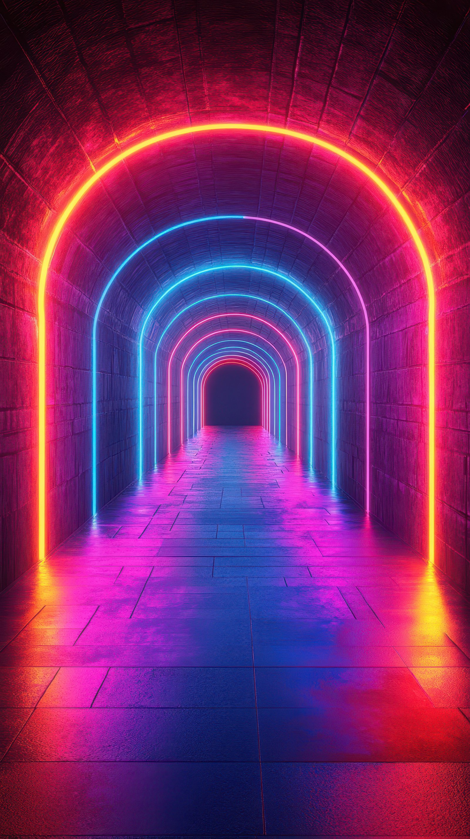 Colorful neon tunnel illuminates dark passage with vibrant lights in an artistic display